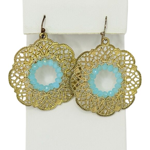 Blue Flower Dangle Earrings 1 5/8" Filigree Bohemian - Picture 1 of 7